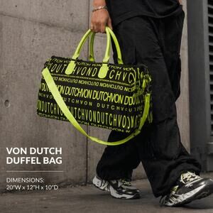 Von Dutch Monogram Black & Yellow Duffle Bag Weekender Overnight Luggage Gym